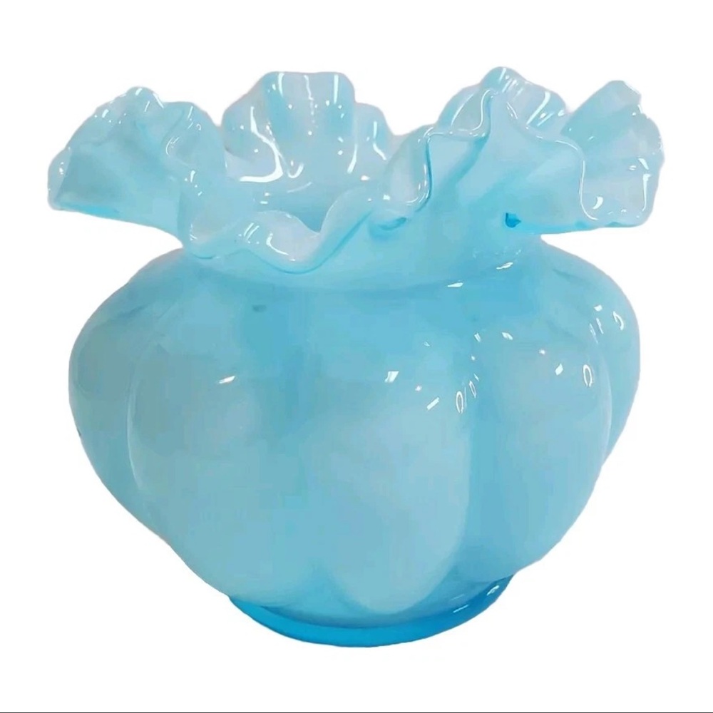 UV Reactive Fenton Blue Overlay Melon Ruffled Crimped Vase Bowl 4.75" Tall